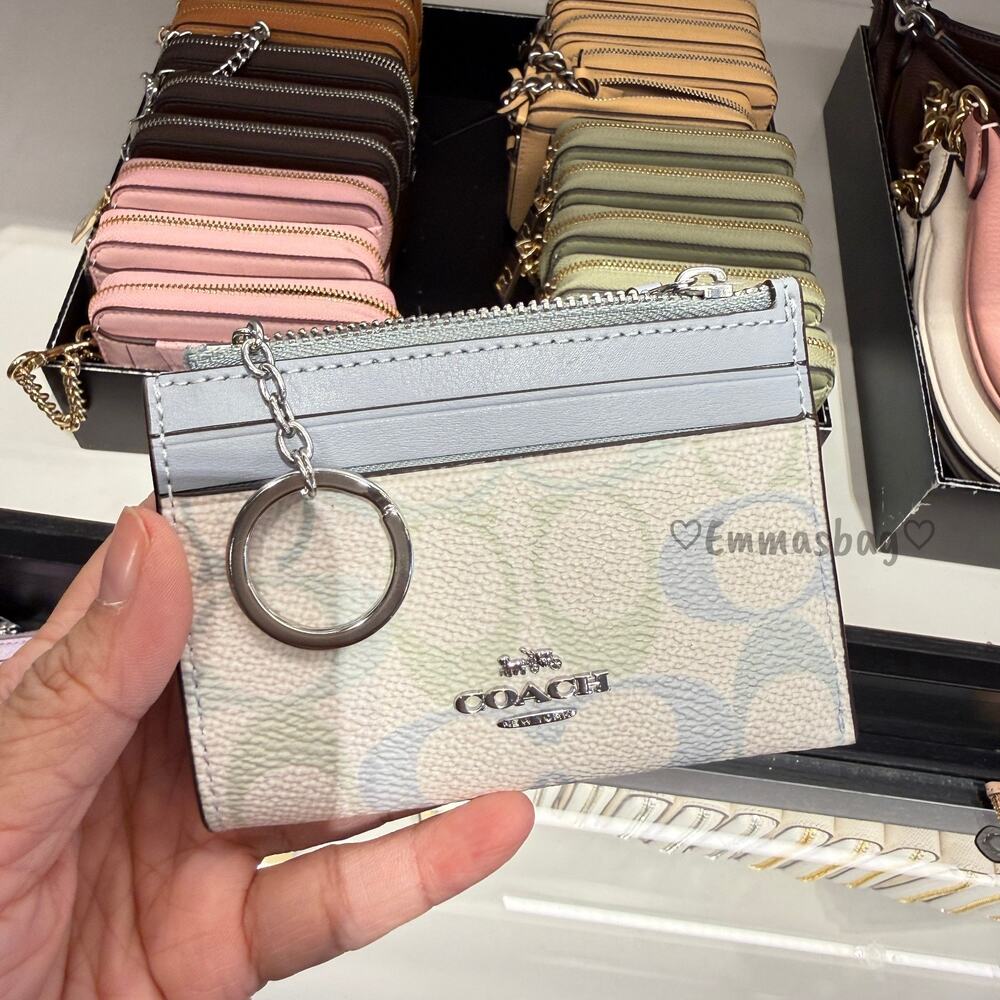 Coach Mini Skinny Id Case In Pretty Signature Canvas CEC49 Silver/Chalk/Blue
